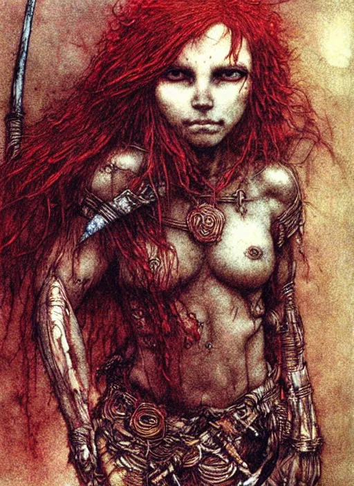 Prompt: redhead barbarian girl by Beksinski and Arthur Rackham