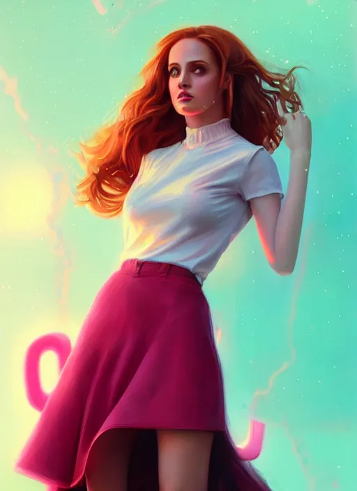 Image similar to full body portrait of teenage cheryl blossom, bangs, green eyes, sultry expression, red hair, sultry smirk, bangs and wavy hair, pink skirt, intricate, elegant, glowing lights, highly detailed, digital painting, artstation, concept art, smooth, sharp focus, illustration, art by wlop, mars ravelo and greg rutkowski