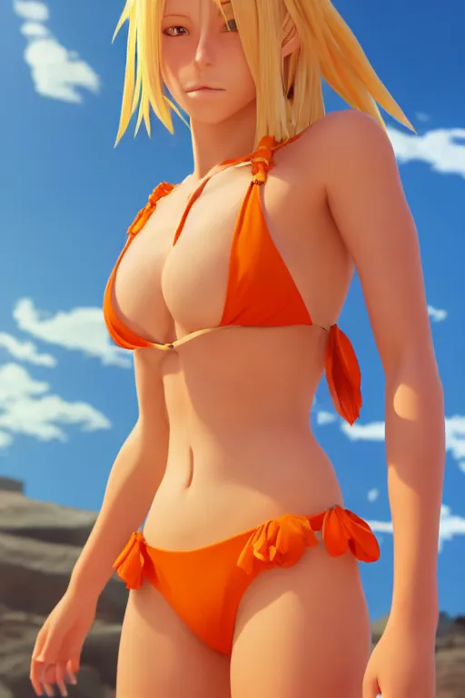 Prompt: beautiful blond woman in orange tribal bikini, blond hair pulled back, by makoto shinkai, 8 k, high resolution render, cinematic, unreal engine, clean lineart and flat color,