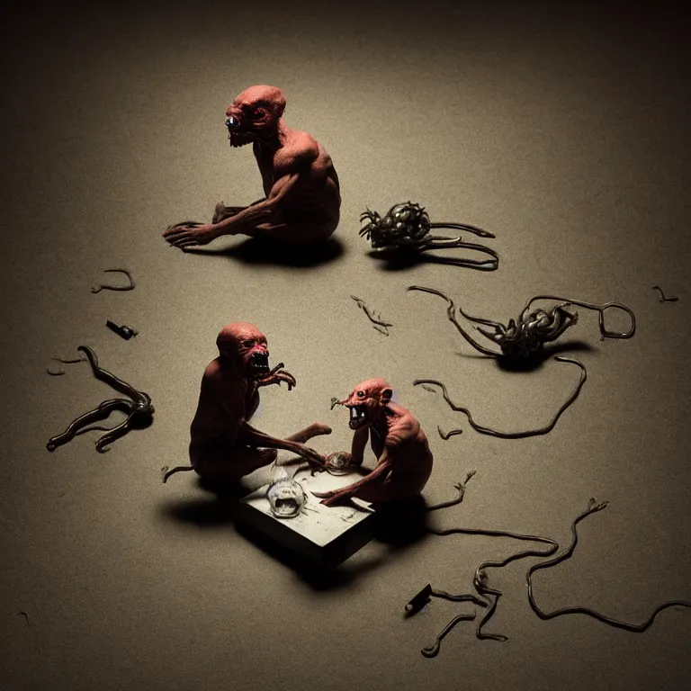 Image similar to laboratory miniature creature in pain and anger and revange by Christopher Soukup, David Fincher, Dan Witz, Gregory Crewdson, Huleeb, Lee Griggs, Mike Nash, Paul Chadeisson, Stephen Shore, sideshow collectibles, Terry Richardson, Vitaly Bulgarov