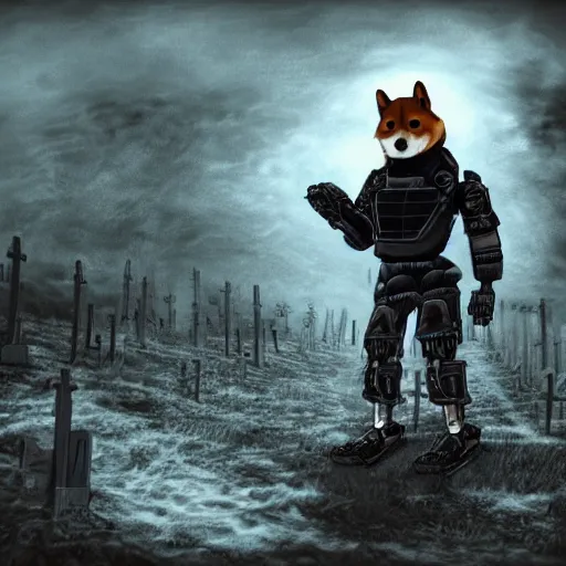 Prompt: photorealistic anthropomorphic shiba inu on hill, wearing cyber robotic black exoskeleton power armor without helmet, holding laser gatling gun, post apocalyptic horror photorealistic foggy graveyard background anthropomorphic shiba inu on hill