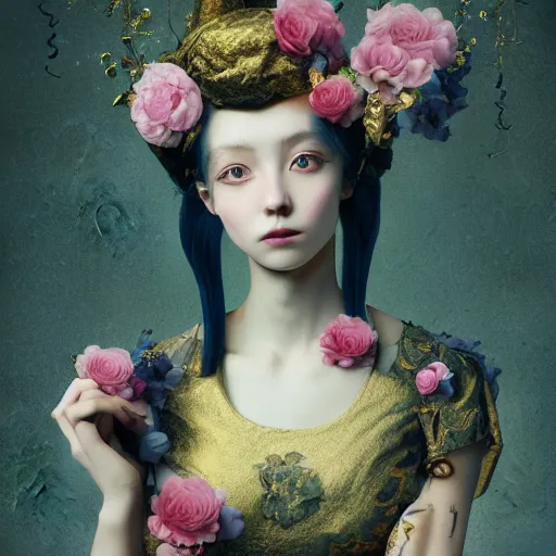 Image similar to 8k, octane render, realism, tonalism, renaissance, rococo, baroque, portrait of a young lady wearing long harajuku manga dress with flowers and skulls, background chaotic gold leaf flowers