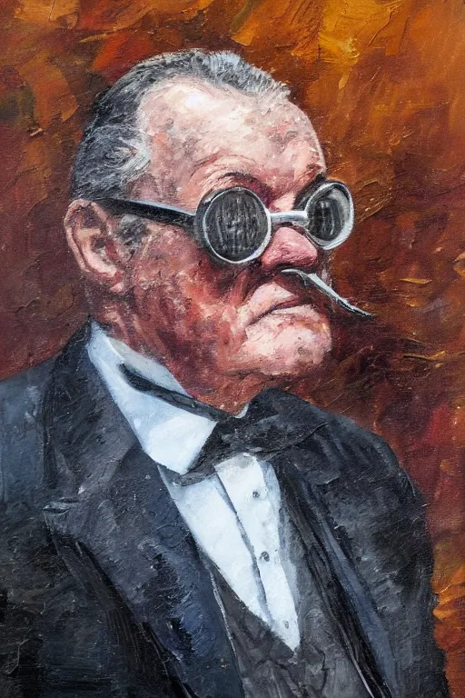 Image similar to palette knife oil painting portrait of graham, an old fellow in a three - piece suit and monocle, peering over from his heavy, lacquered oak reception desk, extreme detail, artstation trending, artgerm, any racial background, deviant art, octane, substance, art history 8 k