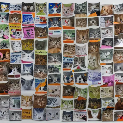 Image similar to Accurate representation of cat collage made out of cut coated and uncoated colored papers on two joined sheets of found newspaper