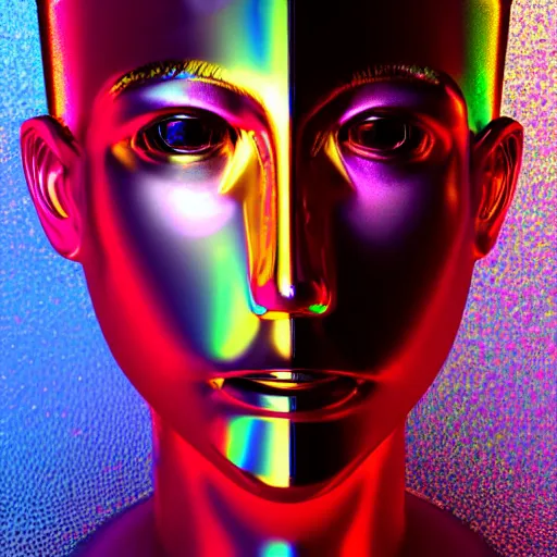 Image similar to 3d render of holographic human robotic head made of glossy iridescent, surrealistic 3d illustration of a human face non-binary, non binary model, 3d model human, cryengine, made of holographic texture, holographic material, holographic rainbow, concept of cyborg and artificial intelligence