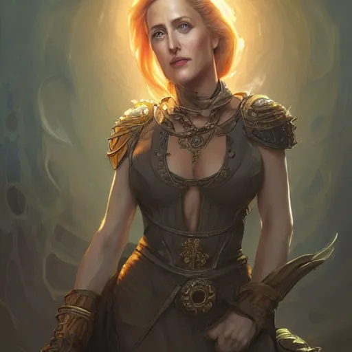 Image similar to gillian anderson, d & d, fantasy, intricate, elegant, highly detailed, digital painting, artstation, concept art, matte, sharp focus, illustration, hearthstone, art by artgerm and greg rutkowski and alphonse mucha