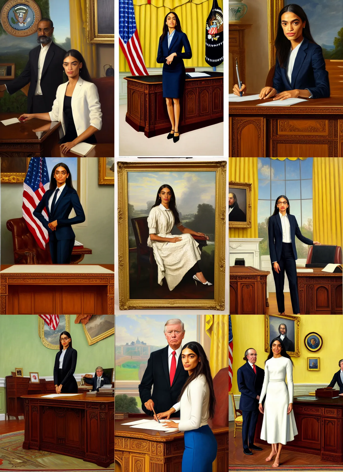 Prompt: portrait of the united states president, aoc, alexandria ocasio cortez, standing in the oval office, resolute desk, 2 0 2 4, painting, oil on canvas by william sidney mount, trending on artstation, national archives