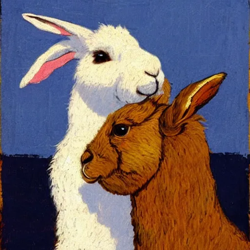 Image similar to a rabbit lovingly kissing an alpaca's cheek in the style of gifford beal