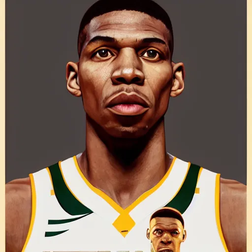 Image similar to giannis antetokounmpo, 3 d character art, wearing basketball jersey, symmetrical facial features, from arknights, hyper realistic, 4 k, rule of thirds, extreme detail, detailed drawing, trending artstation, realistic lighting, by alphonse mucha, greg rutkowski, short neck