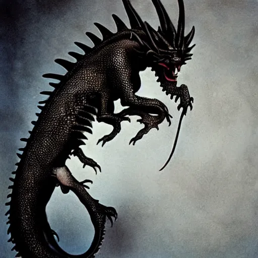 Prompt: oiled black baby dragon by tim burton