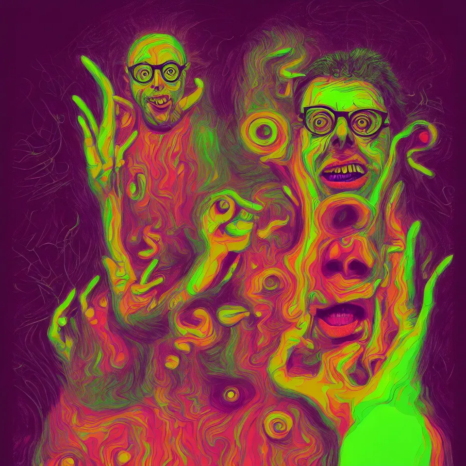 Image similar to happy and funny psychedelic best friends todd solondz tripping on lsd, laughing, diffuse lighting, fantasy, intricate, elegant, highly detailed, lifelike, photorealistic, digital painting, artstation, illustration, concept art, smooth, sharp focus, art by francis bacon