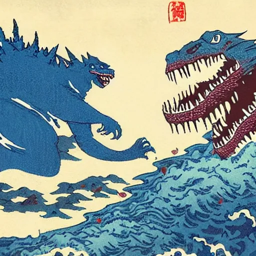 Image similar to Godzilla attacks Tokyo in the style of Hokusai