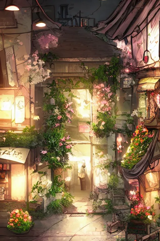 Image similar to a little flower shop's front gate, nostalgic, fresh digital illustrati on, dramatic lighting, pixiv