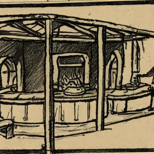 Image similar to Sketch of a medieval tavern with one floor, a counter, four round tables and a fireplace