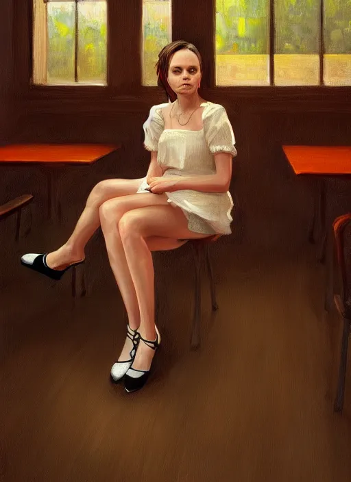 Image similar to christina ricci sitting in the cafeteria, backround dark, highly detailed, digital illustration, trending in artstation, modern painting, smooth, sharp focus, intricate, einar jonsson, ilya repin