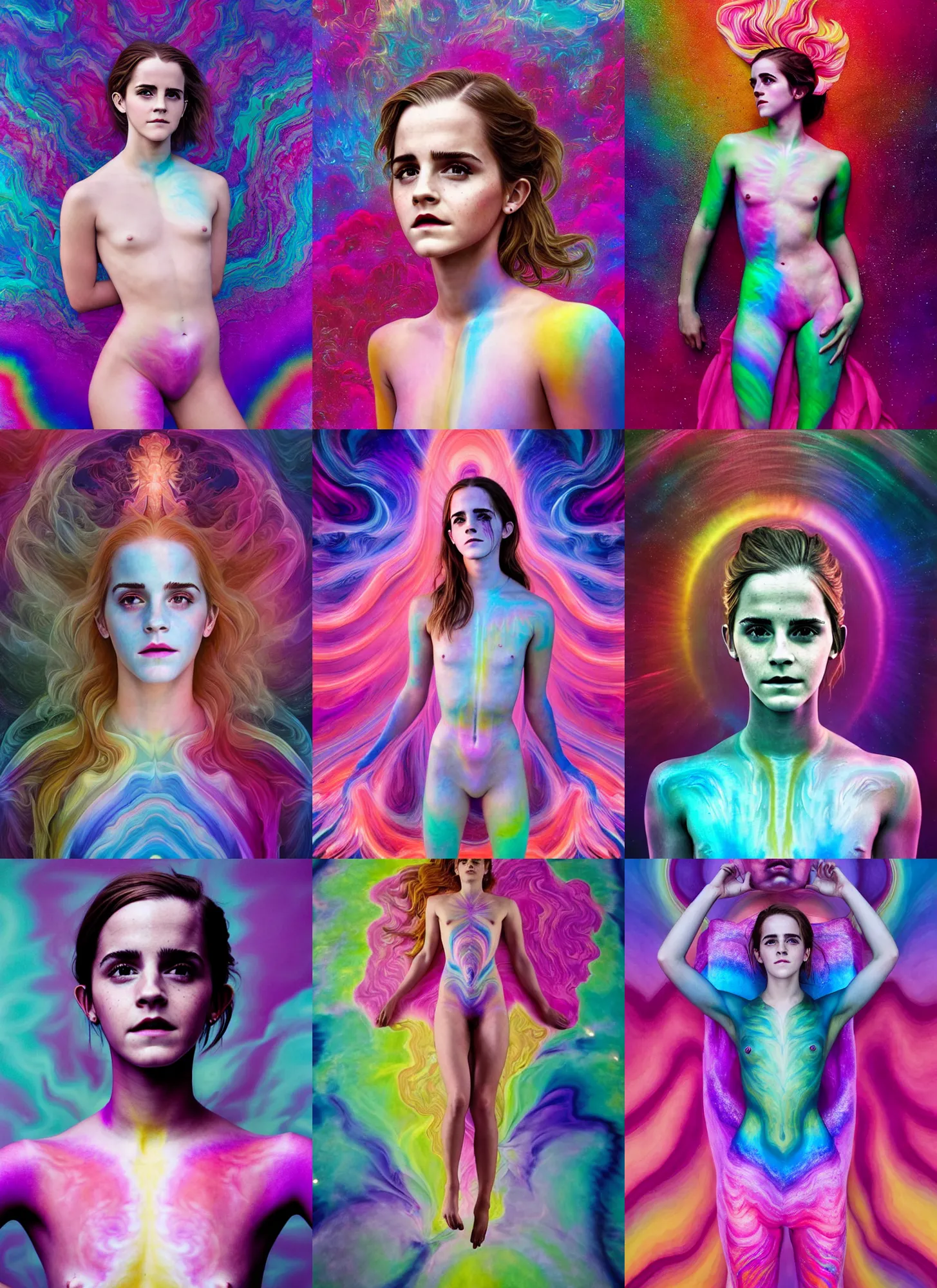 Prompt: full body Emma Watson by Jean-Baptiste Carpeaux and Luo Li Rong and Michael James Talbot as goddess, all body, floating in space. perfect symmetrical face, colorful, psychedelic psychedelic, fractals, fresh rainbow bodypainting, synthwave, in full growth, elegant, realistic, 8K, female full-skin figure, hyperrealism, subsurface scattering, raytracing, rim light, Octane Render, Redshift, Zbrush, H R Giger, Zdzisław Beksiński, complex psychedelic glitch background