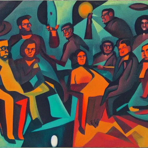 Prompt: oil on masonite painting by aaron douglas of a psychedelic conference of scientists / professors / researchers, high detail