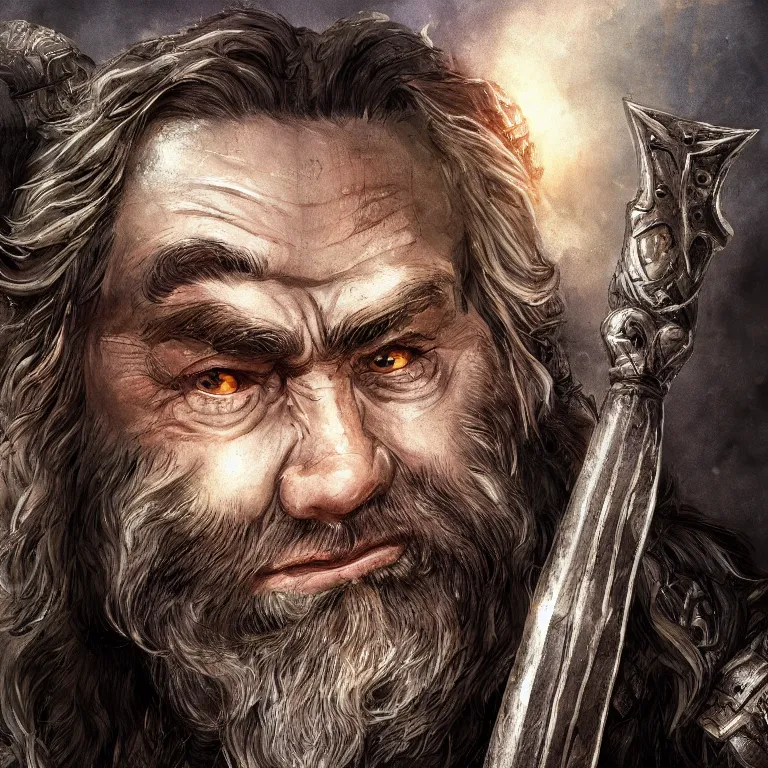 Image similar to dwarf warrior in mountain, lord of the rings style, fantasy, poster, character portrait, portrait, close up, concept art, intricate details, highly detailed, full body, 8 k