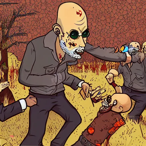 Image similar to a photo of a bald man with a pointy beard being eaten by zombies