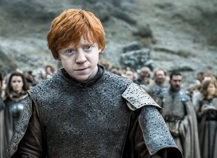 Prompt: ron weasley as thehnellor in game of thrones, rupert grint as thehnellor in game of thrones, live action film, cinematic photo, clear hd image