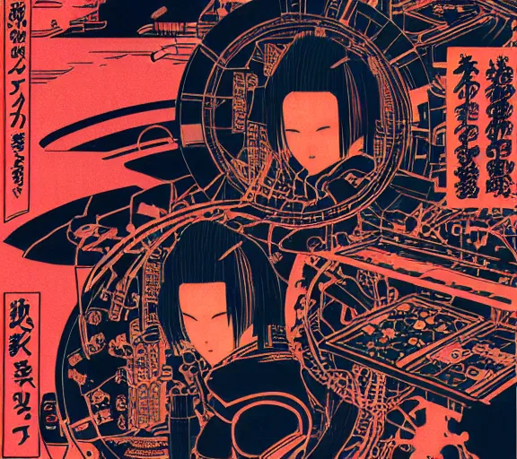 Prompt: futuristic japanese cyberpunk silk screen by utagawa yoshiiku, ohara koson, pixiv contest winner, cyberpunk style, cyberpunk color scheme, mechanical, robotic, human machine interface, high resolution, hd, 4 k