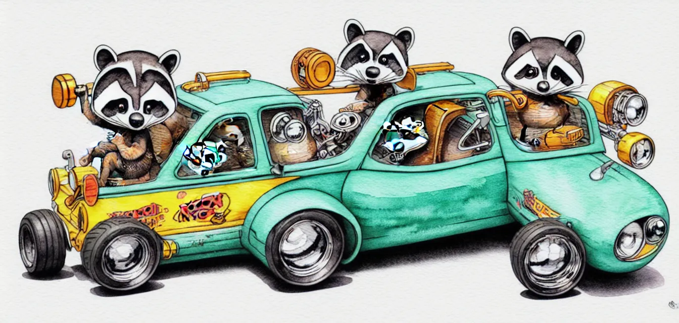 Prompt: cute and funny, racoon riding in a tiny hot rod with oversized engine, ratfink style by ed roth, centered award winning watercolor pen illustration, isometric illustration by chihiro iwasaki, edited by range murata, tiny details by artgerm and watercolor girl, symmetrically isometrically centered