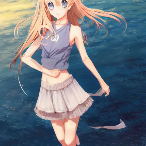 Image similar to a very beautiful anime cute girl, full body, long wavy blond hair, sky blue eyes, full round face, short smile, fancy top, miniskirt, summer lake setting, medium shot, mid-shot, highly detailed, cinematic wallpaper by Stanley Artgerm Lau