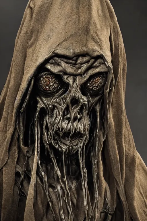 Image similar to photo taken of an epic intricate, ultra detailed, super realistic sculpture of a nightmarish hellish demonic hooded grim reaper sculpture on display in a workshop, created by weta workshop, head shots, photorealistic, sharp focus, f 0. 4, face centred, golden ratio