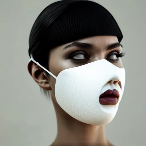 Image similar to complex 3 d render, ultra detailed, beautiful natural light, studio lights, rim light, a woman wearing a white mask with black wires on her head, featured on behance, net art, made of wire, 5 0 mm lens, elegant, hyper realistic, ultra detailed, octane render, volumetric lighting, 8 k post - production