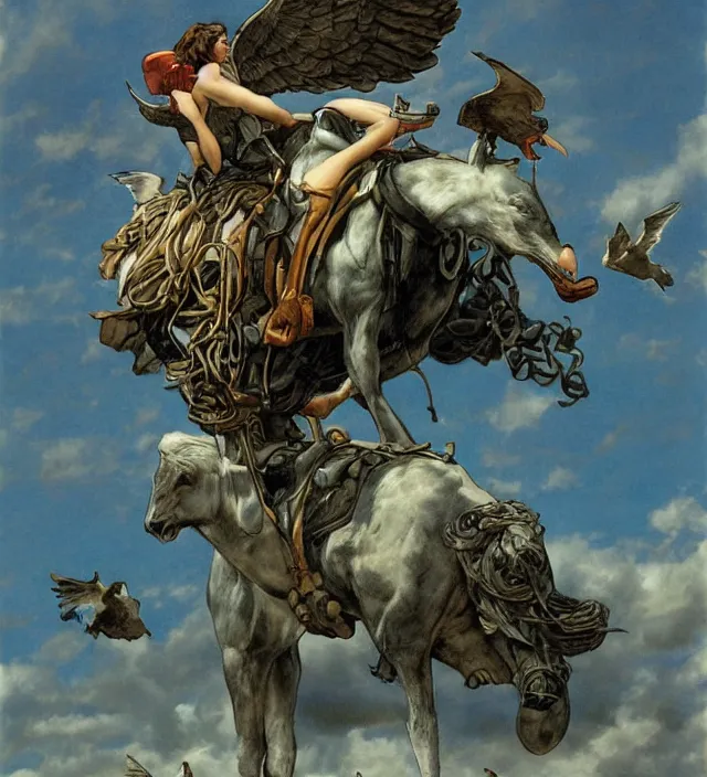 Image similar to cloudy day, three silhouettes riding a giant pigeon in the sky, in the distance, 1 9 7 0 s, intricate, moody, tasteful, intimate, highly detailed, short focus depth, artgerm, donato giancola, joseph christian leyendecker