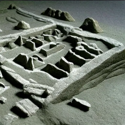 Image similar to prehistoric paleolithic city made of chalk, talc, quartz, aerial view