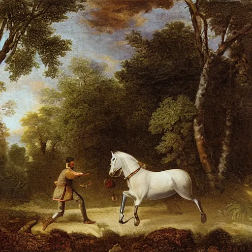 Prompt: a man taming a horse in the forest. Detailed Photograph.