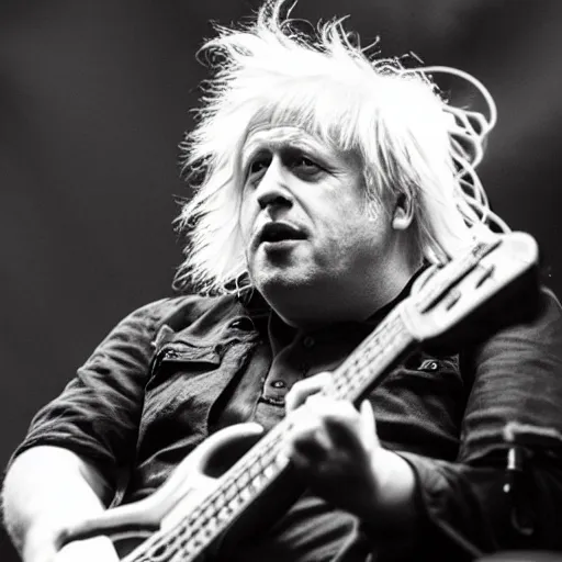 Prompt: Boris Johnson as a bass player in a Norwegian Black Metal band, 4k