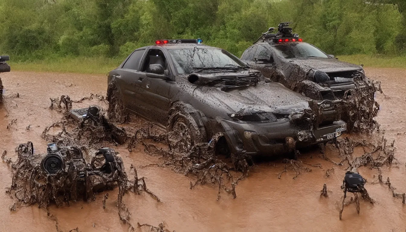 Image similar to bodycam of high speed chase trough mud with trycicles, very detailed, realistic, 4 k