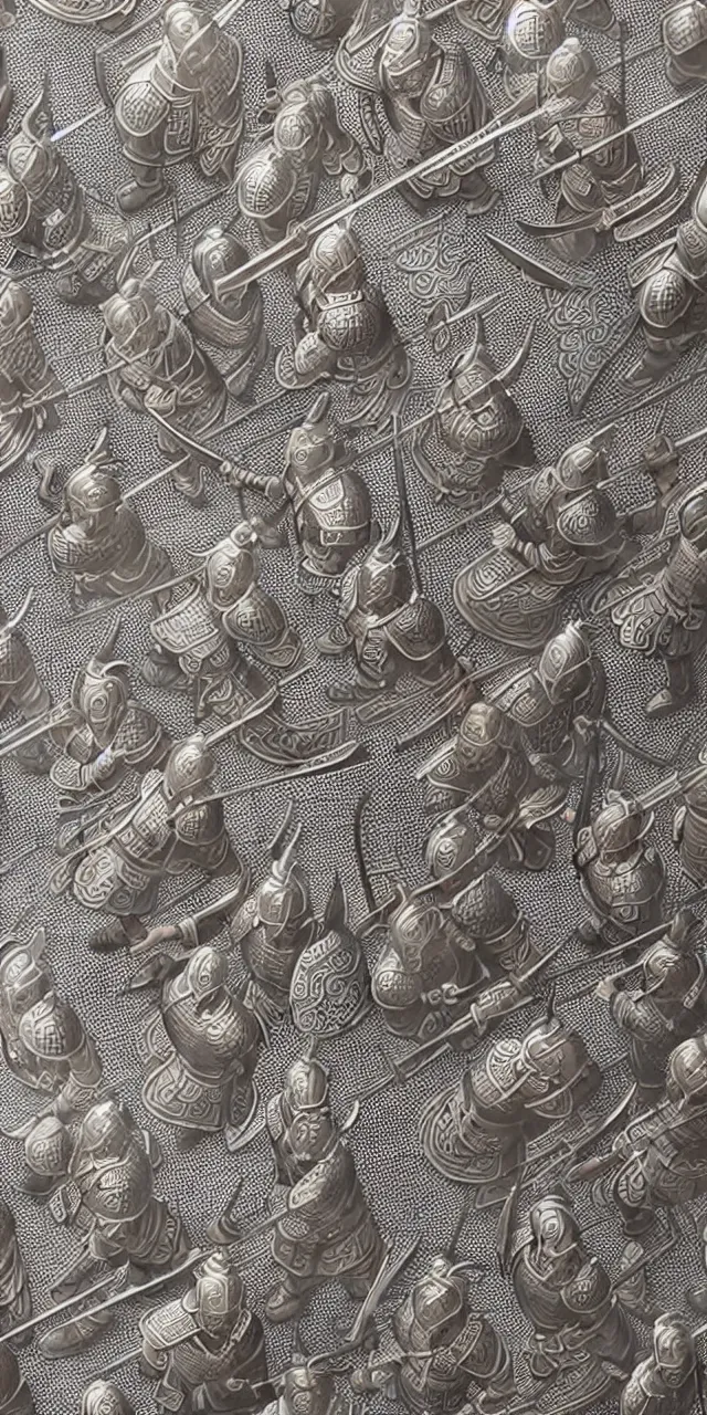 Image similar to detailed photorealistic ancient han chinese warriors soldiers army ⚔ 🪖 ⛩ with traditional chinese engravings and ornamentation on armour and weapons, and shining metallic 3 d surfaces, mandarin calligraphy, damask pattern, wide angle, 3 d
