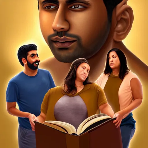 Image similar to a painting of three brown men and a brown woman emerging out of a giant open book, hyperrealistic faces, detailed digital art, aesthetic!, trending on artstation