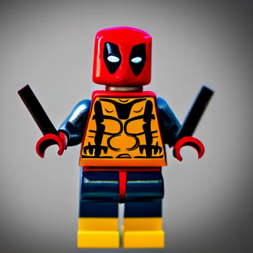Image similar to deadpool as lego character, bokeh, photo, hyperrealistic, detailed textures and soft studio lighting, soft shadows, sharp focus, extreme detail, hyper realistic, award winning photo