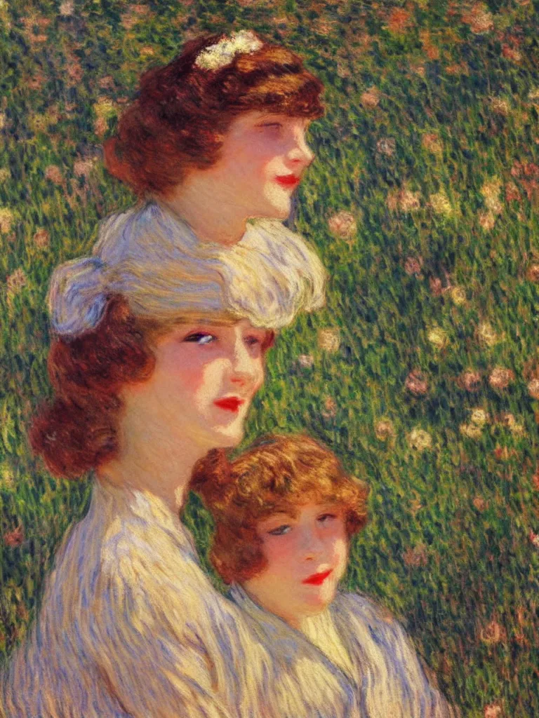 Image similar to a beautiful young girl dressed in 1 9 2 0 s fashion, brown hair, slim, fair, turning her head and smiling, in the sun, out of focus, backlit, close up, oil on canvas, by monet, in the style of le promenade