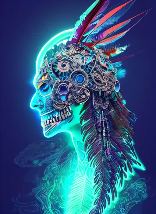 Image similar to 3 d shaman with tattoos profile portrait, sigma 5 0 0 mm f / 5. beautiful intricate highly detailed quetzalcoatl skull and feathers. bioluminescent, gradient background, plasma, frost, water, wind, creature, thunderstorm! artwork by tooth wu and wlop and beeple and greg rutkowski, 8 k trending on artstation,