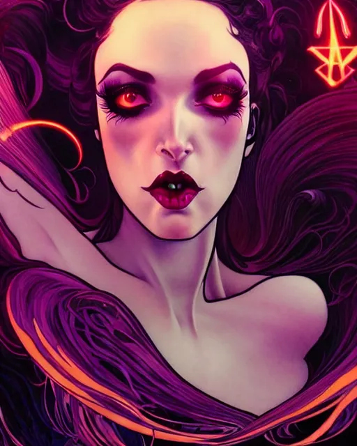 Image similar to low angle closeup beautiful very seductive satanic witch, retro scifi goddess pinup, action glamour pose, windblown dark hair, hyper detailed, digital art, studio lighting, smooth, ambient lighting, sharp focus, frank miller, wlop, anna dittmann, moebius!, alphonse mucha, patrick nagle!!, rim lighting, synthwave