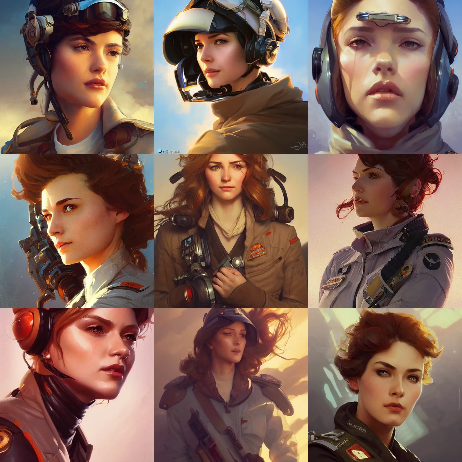 Image similar to female pilot, portrait, highly detailed, digital painting, artstation, concept art, sharp focus, illustration, art by artgerm and greg rutkowski and alphonse mucha