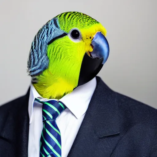 Image similar to a confident looking budgie in a suit