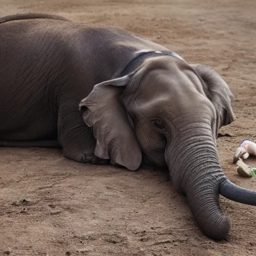 Prompt: a photo of a dog taking bites out of a dying elephant, 4 k