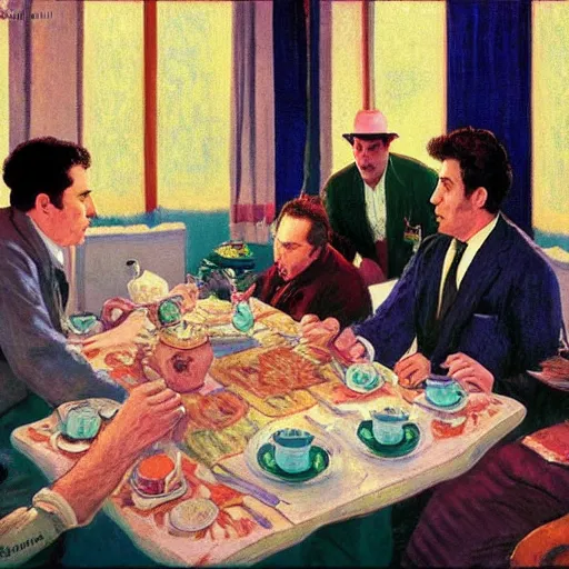 Image similar to seinfeld fancy tea party, george costanza, kramer, elaine, digital art, illustration, highly detailed, warm color scheme, soft lighting, sharp focus, gustave caillebotte, pyotr konchalovsky