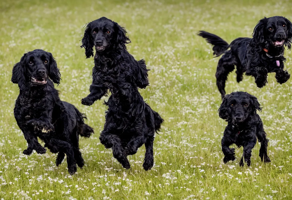 Image similar to One black spaniel dog and one brown spaniel dog running in a meadow low angle realism epic background 4k