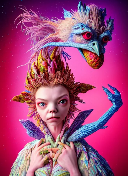 Prompt: hyper detailed 3d render like a Oil painting - kawaii portrait of two Aurora (a beautiful skeksis muppet fae princess protective playful expressive from dark crystal that looks like Anya Taylor-Joy) seen red carpet photoshoot in UVIVF posing in scaly dress to Eat of the Strangling network of yellowcake aerochrome and milky Fruit and His delicate Hands hold of gossamer polyp blossoms bring iridescent fungal flowers whose spores black the foolish stars by Jacek Yerka, Ilya Kuvshinov, Mariusz Lewandowski, Houdini algorithmic generative render, golen ratio, Abstract brush strokes, Masterpiece, Edward Hopper and James Gilleard, Zdzislaw Beksinski, Mark Ryden, Wolfgang Lettl, hints of Yayoi Kasuma and Dr. Seuss, octane render, 8k