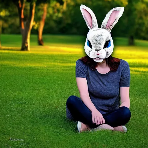 Prompt: a person sitting in the grass with a bunny mask on by albright ivan