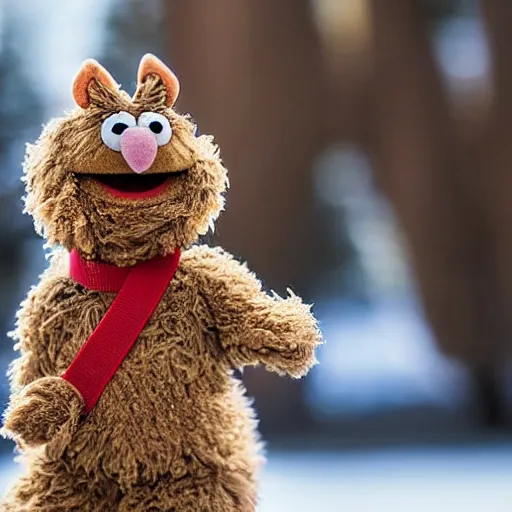 Prompt: a fluffy muppet in the shape of elmo woth brown fur and with rabbit ears wearing a karate uniform out in nature, photography, photorealistic, muppet, national geohraphic