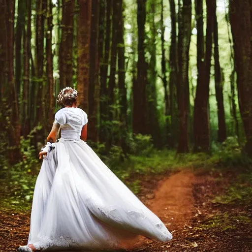 Prompt: a girl in a wedding dress riding a unicorn in the forest, trending on attestation