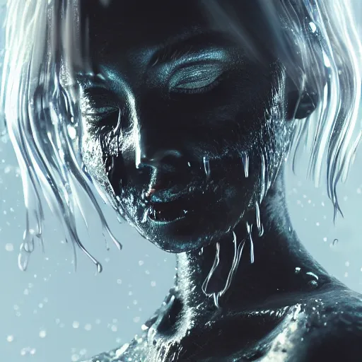 Prompt: beautiful dark carbon princess kissing emerging from melting dark liquid, translucent, in black water, steam and fog, glossy reflections, refractions, rim light, elegant, analog photography, depth of field, glints, glows, cgi, raytracing, octane render, prometheus, alien, blade runner, akira, matrix, hyperrealistic _ _ _ _ _